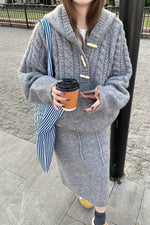 Slouchy loose cable knit hooded top and skirt two-piece set