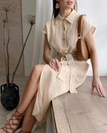 Robe col chemise taille haute en coton et lin avec lien à nouer