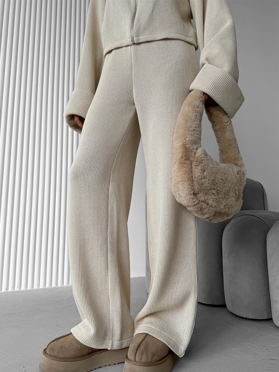 Ensemble veste à manches longues et pantalon large en tricot avec fermeture éclair