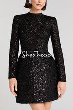 Abito con cintura elastica a maniche lunghe con paillettes nere