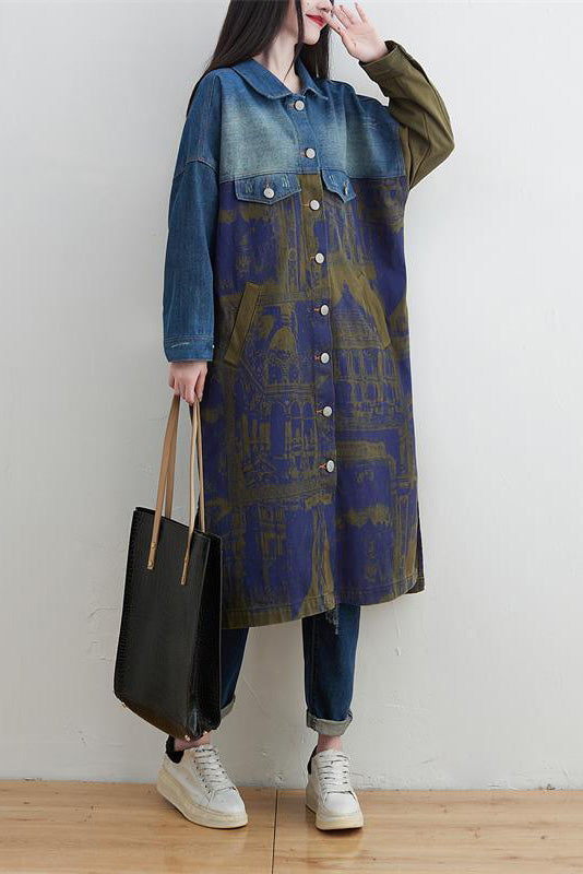Knee-length patchwork denim trench coat