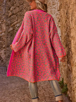 Rose red contrast leopard long sweater coat