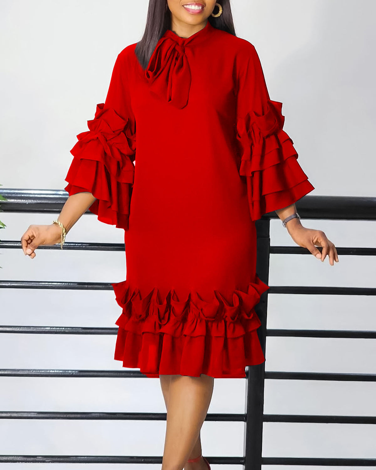 Vestido Midi Sólido Chique com Bainha com Babados e Manga Sino
