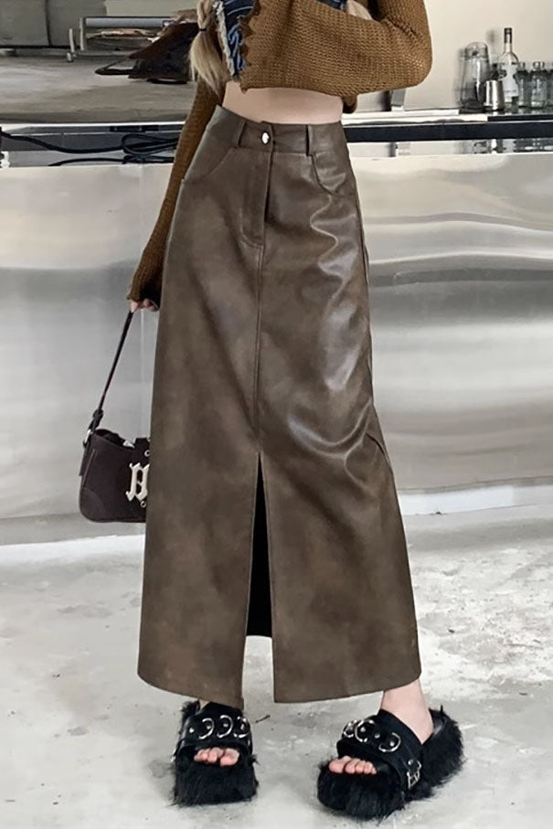 Jupe longue demi-rétro fendue taille haute en PU