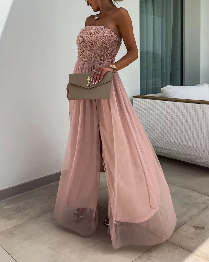Schulterfreies Tube-Top-Tutu-Kleid aus Netzstoff mit Schlitz