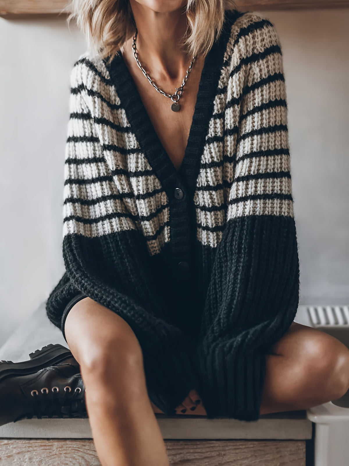 Cozy Loose black and white striped knitted cardigan
