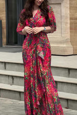 Unrestrained rose red printed short-sleeved long dress