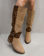 Suede upper with leopard back round toe thick heel boots