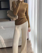 High-waisted draped pitted straight-leg loose knit trousers