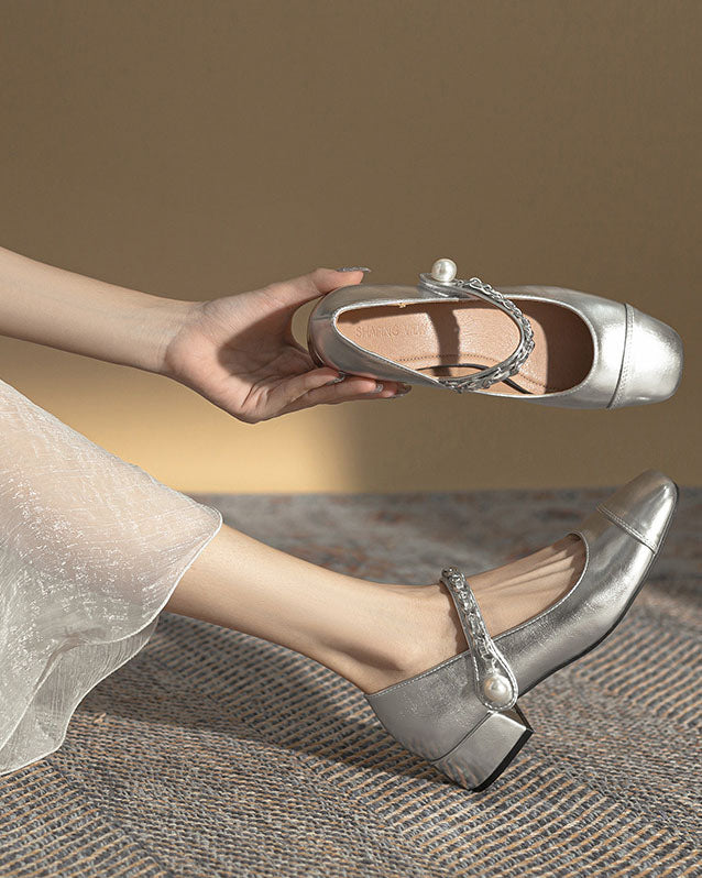 Chaussures Mary Jane argentées à talon épais et bout rond