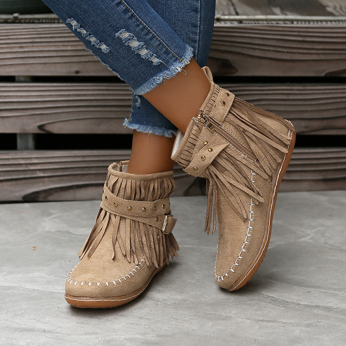 Studded flat tassel boots