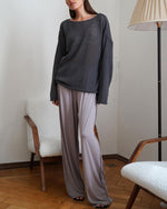 See-through thin scoop neck flared sleeve knitted T-shirt