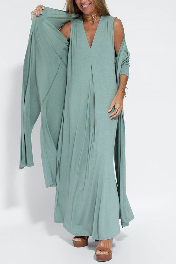 Elegant V-neck Sleeveless Long Dress Matching Vest Cardigan