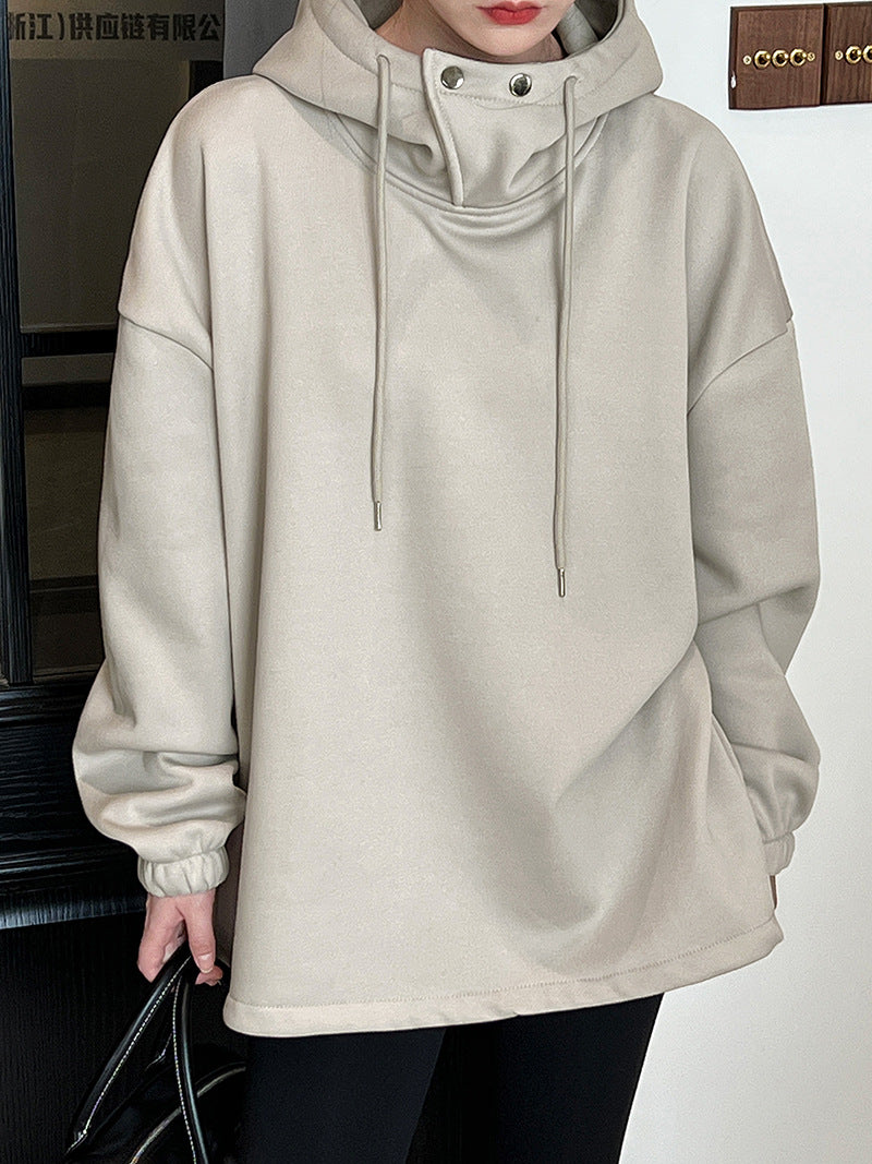 Half High Collar with Button Details Thick Loose Hoodie