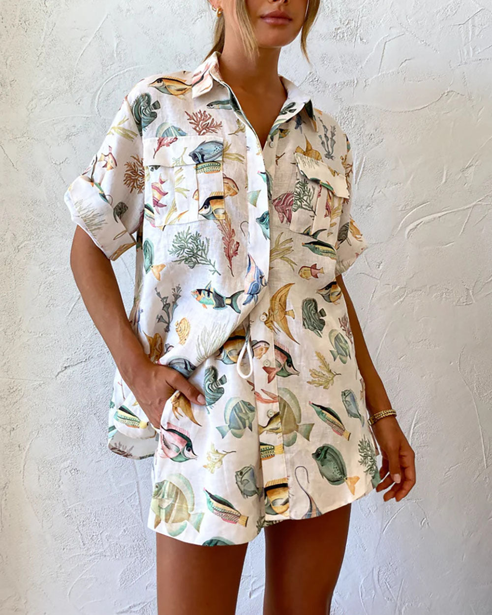Kurzärmliges Shorts-Set mit tropischem Ozean-Print