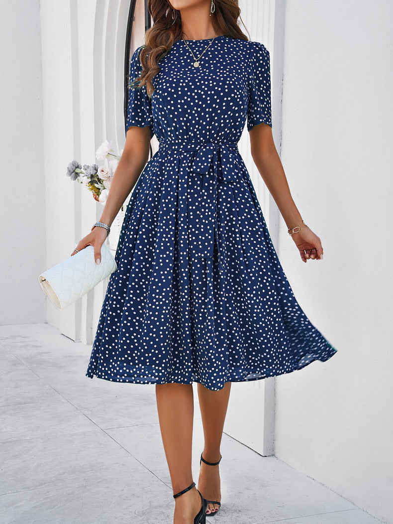 Rundhalsausschnitt, Kurzarm, Taillengürtel, Poled Dot-Kleid