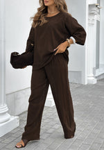 Solid color round neck linen cotton top with lace-up loose pants two piece set