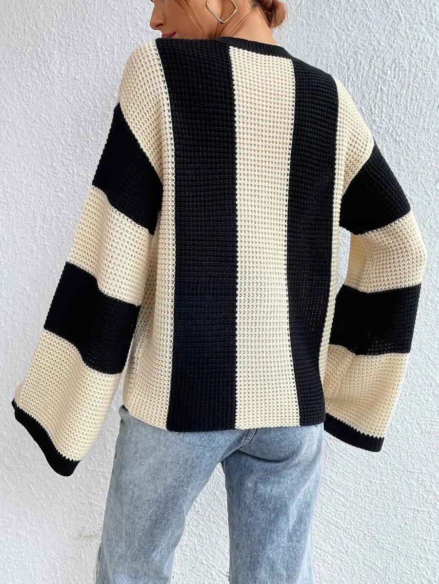 Wide vertical stripe bell sleeve pullover sweater