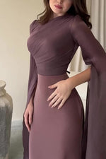 Mesh flared sleeves satin long slim dress