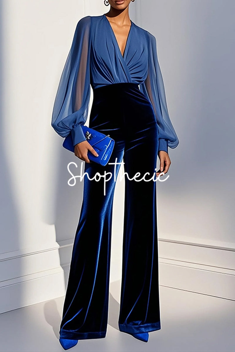 Elegant blue mesh V-neck top and velvet wide-leg jumpsuit