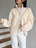 Cozy solid color stand collar zipper knitted cardigan top