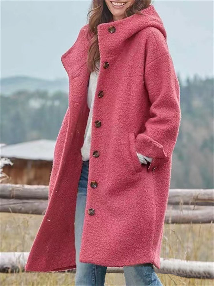 Loose single breasted hooded woolen coat