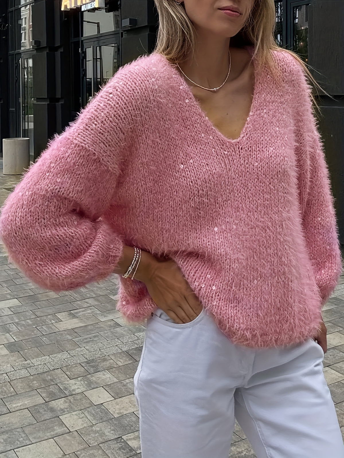 Pink shiny silk v-neck sweater pullover