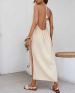 Woven Elegant Backless Halterneck Vacation Dress