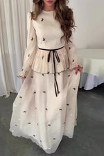 White long-sleeved chiffon butterfly embroidery dress