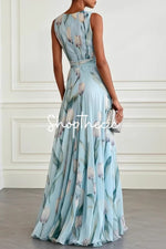 Tulip Print Sleeveless V-Neck Chiffon Maxi Dress