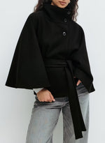 Solid color stand collar button belt cape trench coat