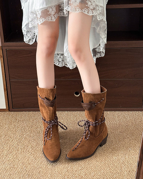 Lace-up pointed toe mid-calf Maillard Western cowboy knight boots