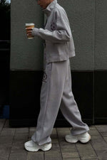 Embroidered zipper lapel sweatshirt and straight-leg trousers two-piece set