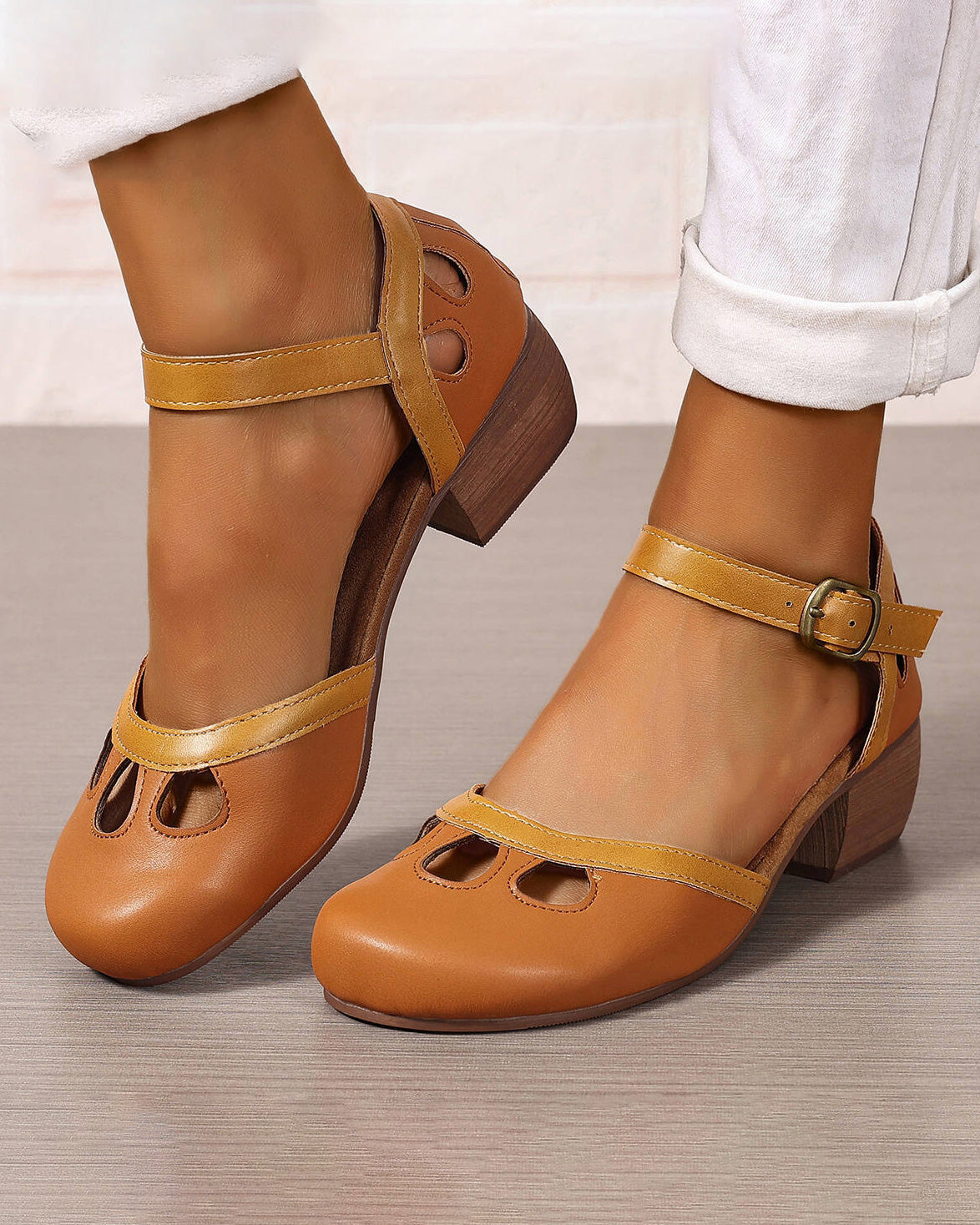 Chunky mid-heel candy-colored hollow sandals