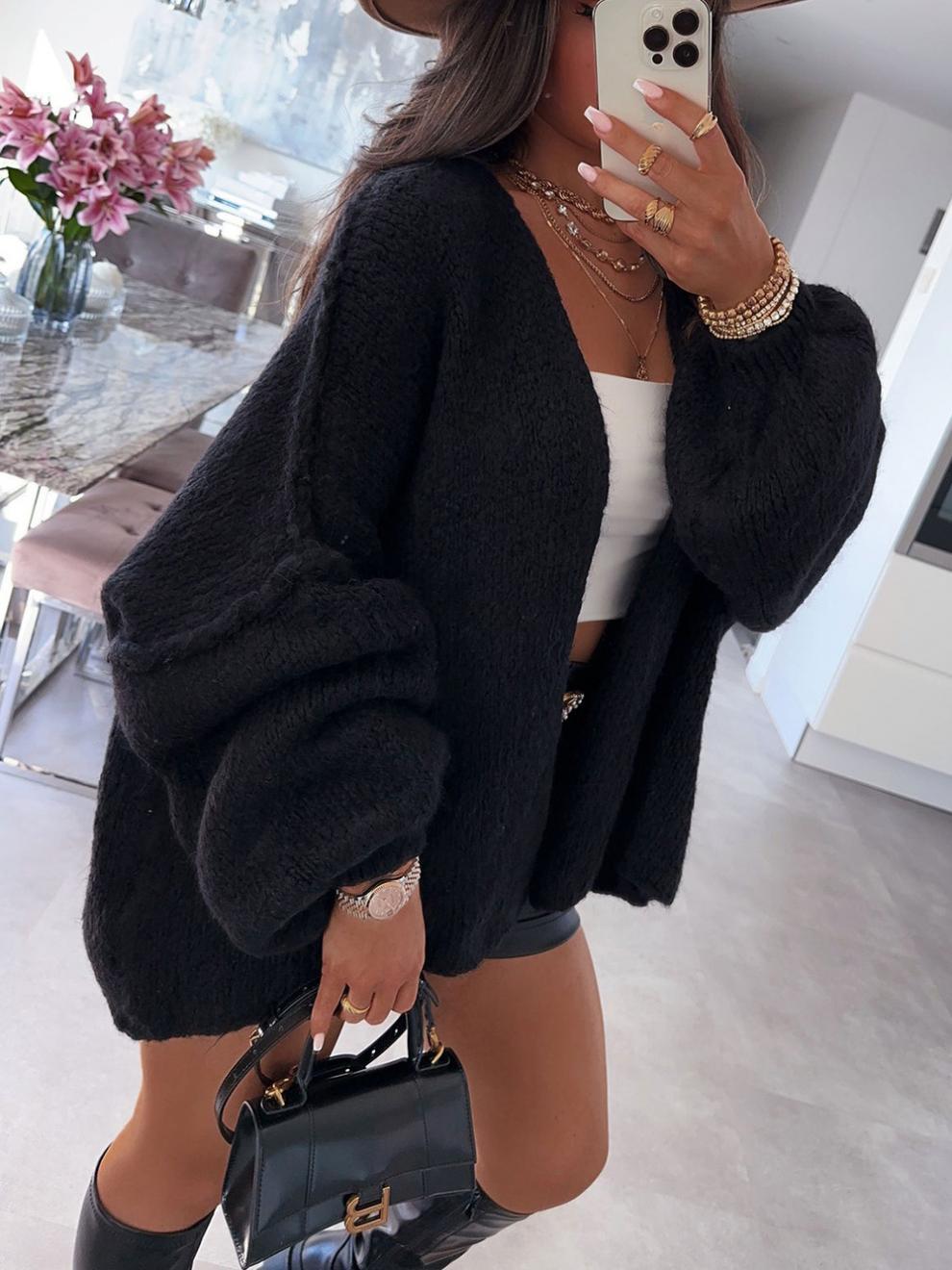 Dusk Till Dawn Loose solid color mid-length knitted cardigan