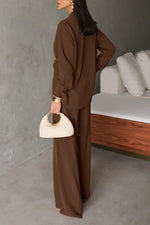 Long-sleeved V-neck tie top and wide-leg pants two-piece suit