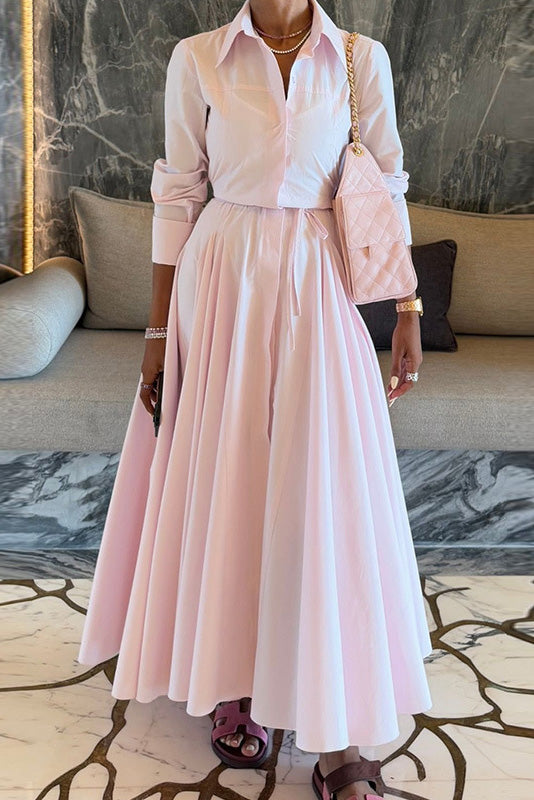 Light pink blouse and long skirt two-piece suit