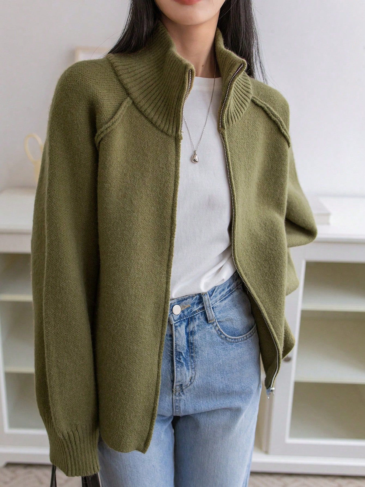 Cozy solid color stand collar zipper knitted cardigan top