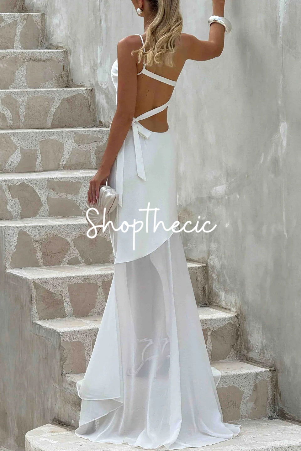 One-shoulder back-strap mesh hem evening gown