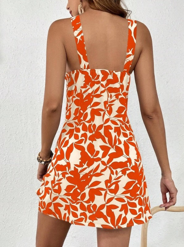 Robe salopette sans manches à imprimé feuilles et ourlet à volants
