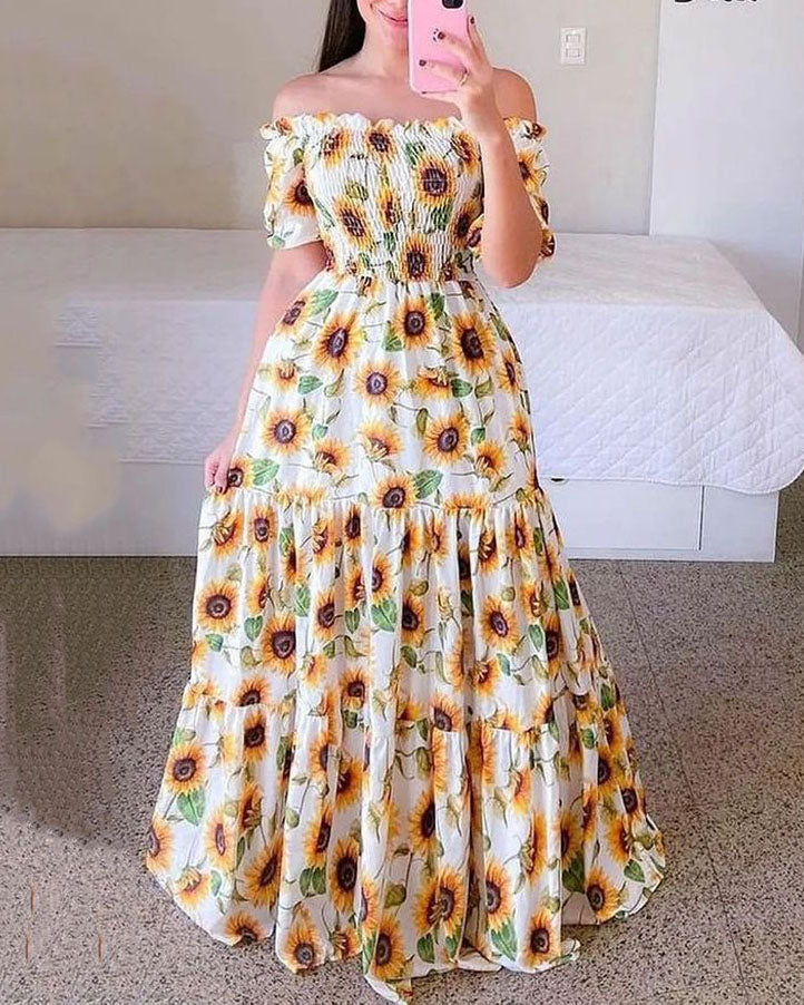 Lindo vestido maxi floral de verão com ombros largos