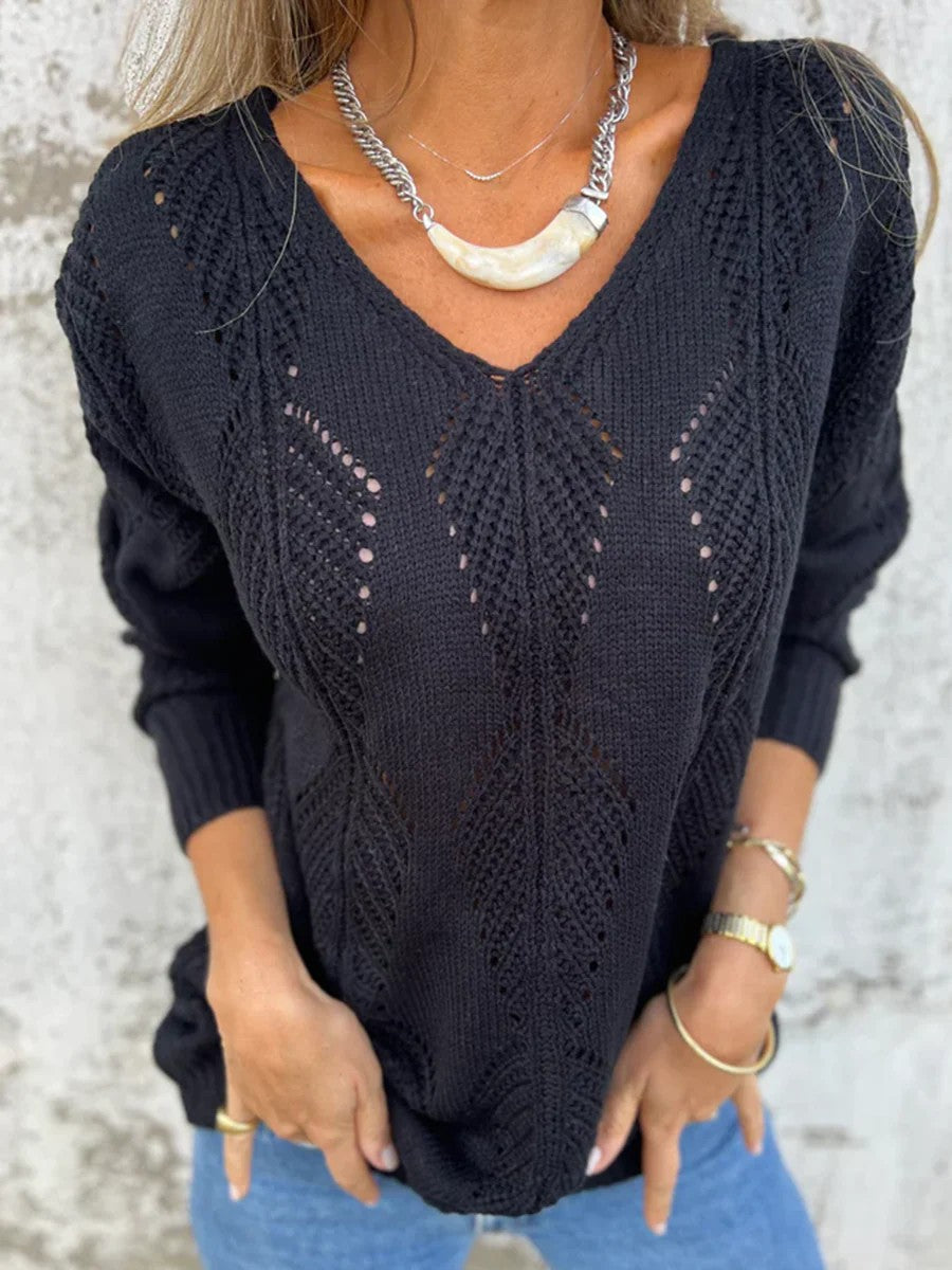Reversible hollow leaf pattern V-neck long-sleeved knitted sweater