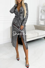 Elegant long-sleeved V-neck pleated sequined slit dress