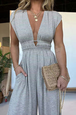 V-neck Elastic Waist Wide Leg Jumpsuit