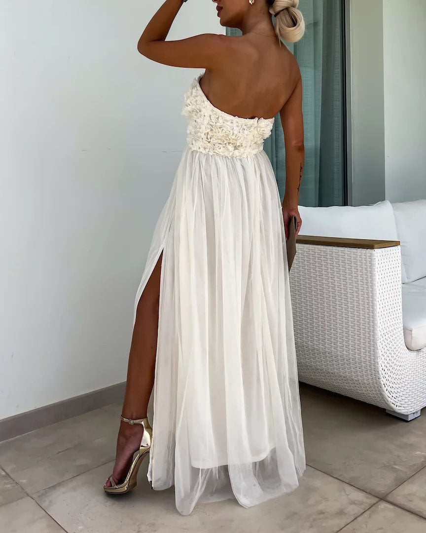 Schulterfreies Tube-Top-Tutu-Kleid aus Netzstoff mit Schlitz