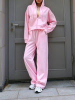 Zippered hooded sweatshirt and lace-up trousers two-piece set