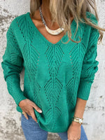 Reversible hollow leaf pattern V-neck long-sleeved knitted sweater