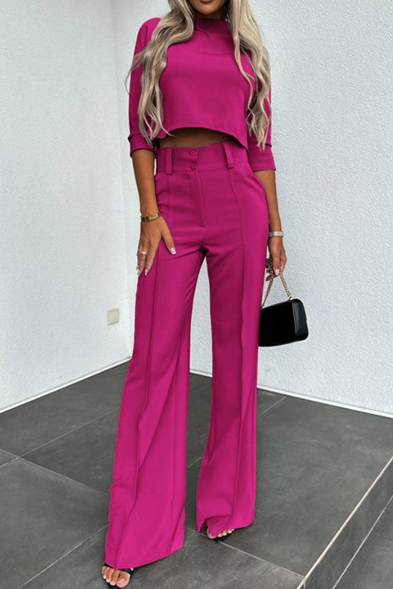 Mid-Sleeve Pullover Wide-Leg Pants Business Casual Outfits Set