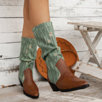 Bottes mi-mollet à talon bloc et empiècements en toile style ancien effet vieilli