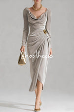 Retro long-sleeved pleated velvet slits midi dress